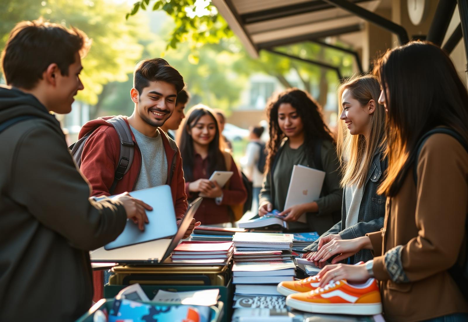 Students trading laptops, textbooks and clothing at a campus market stall